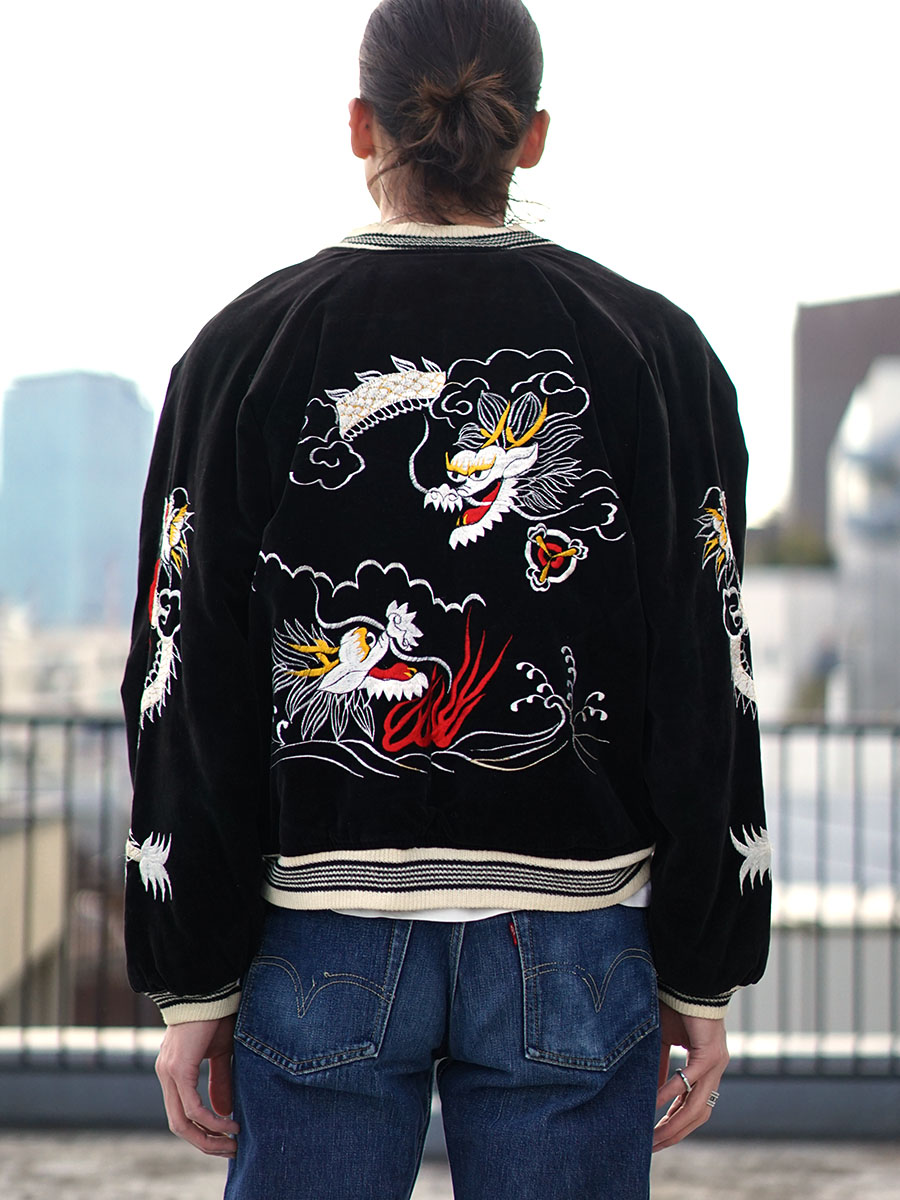 50's ビンテージ 両面龍x袖龍 鷹x富士 スカジャン 黒別珍x白サテン