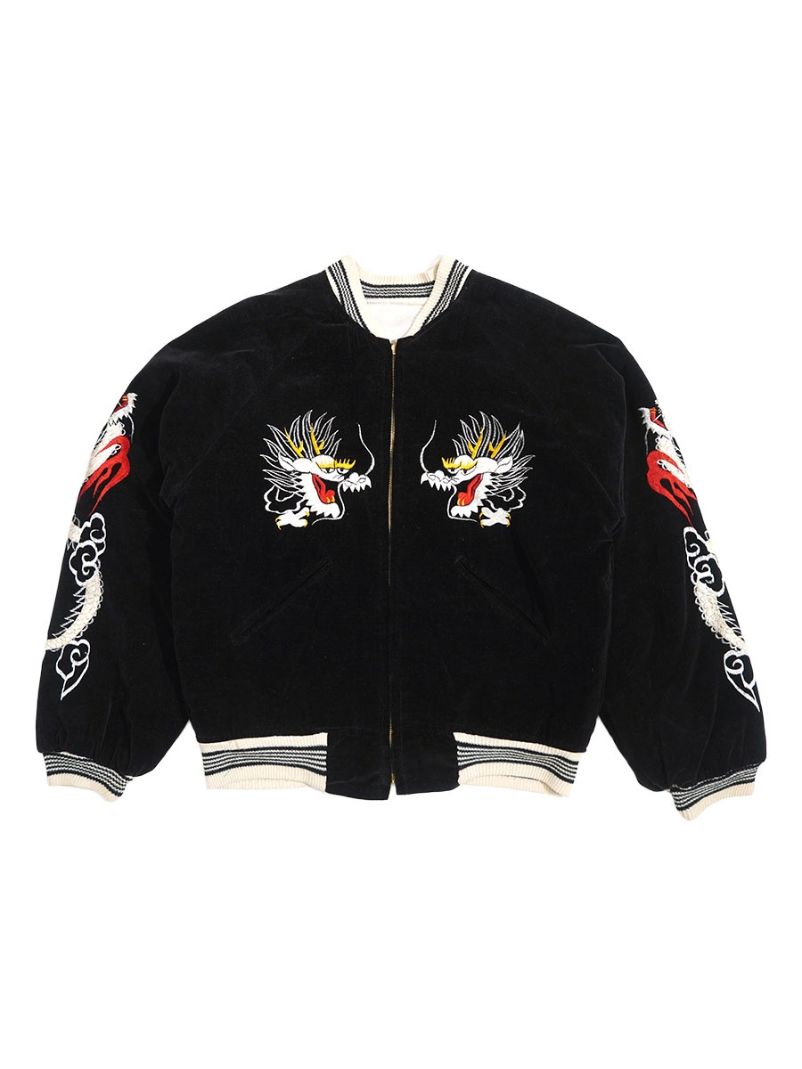 50's ビンテージ 両面龍x袖龍 鷹x富士 スカジャン 黒別珍x白サテン