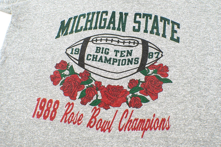 80's トリコタグ チャンピオン ''MICHIGAN STATE 1988 Rose Bawl Champion'' 3段染み込みプリント VネックTシャツ 霜降りグレー 表記(XXL)