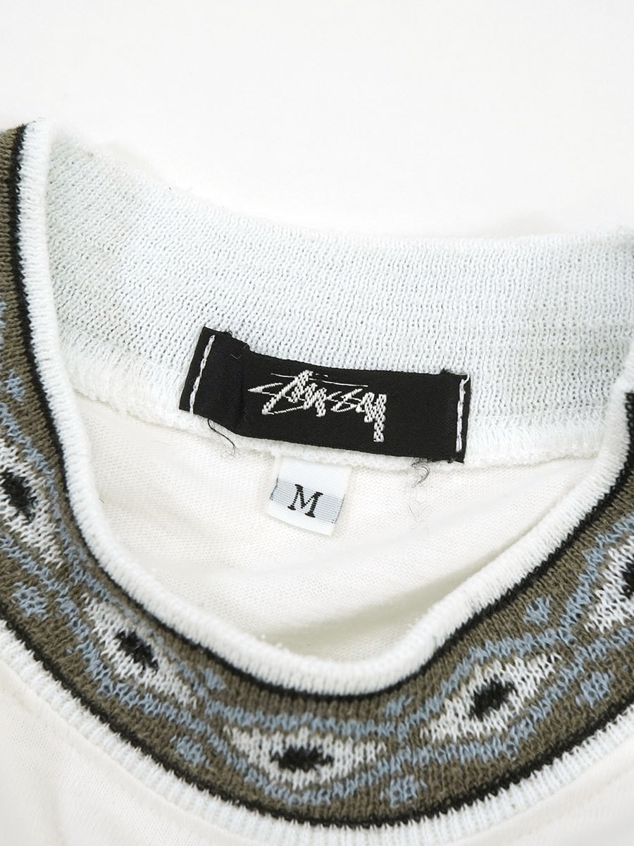 80's STUSSY モックネック ネイティブ柄 Tシャツ ホワイト 表記(M) USA