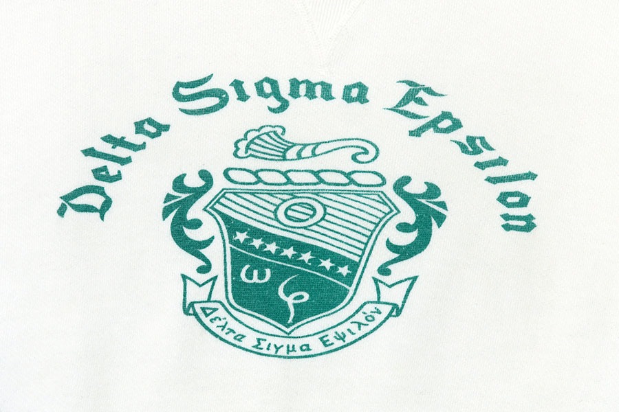 50's ''DELTA SIGMA EPSILON'' 前Vスウェット 染み込みプリント 実寸(M位)
