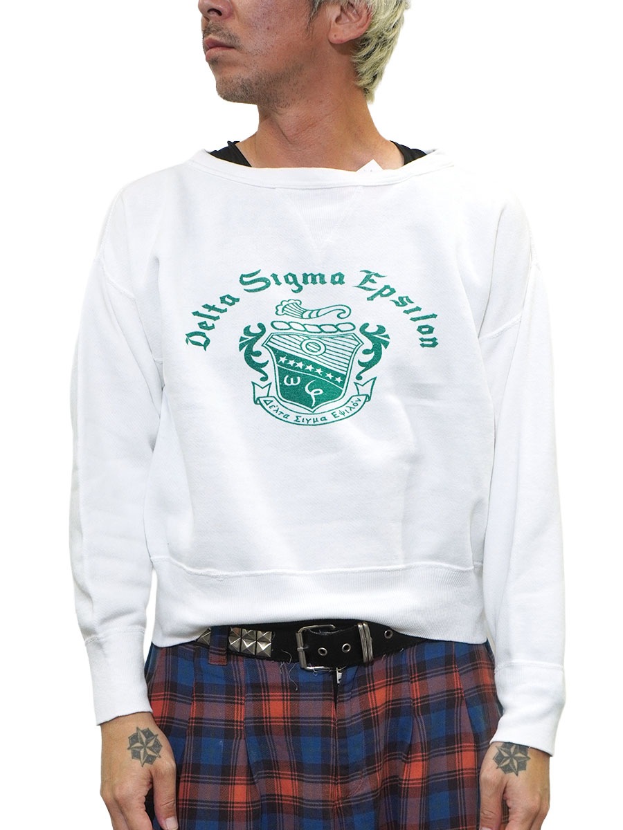 50's ''DELTA SIGMA EPSILON'' 前Vスウェット 染み込みプリント 実寸(M位)