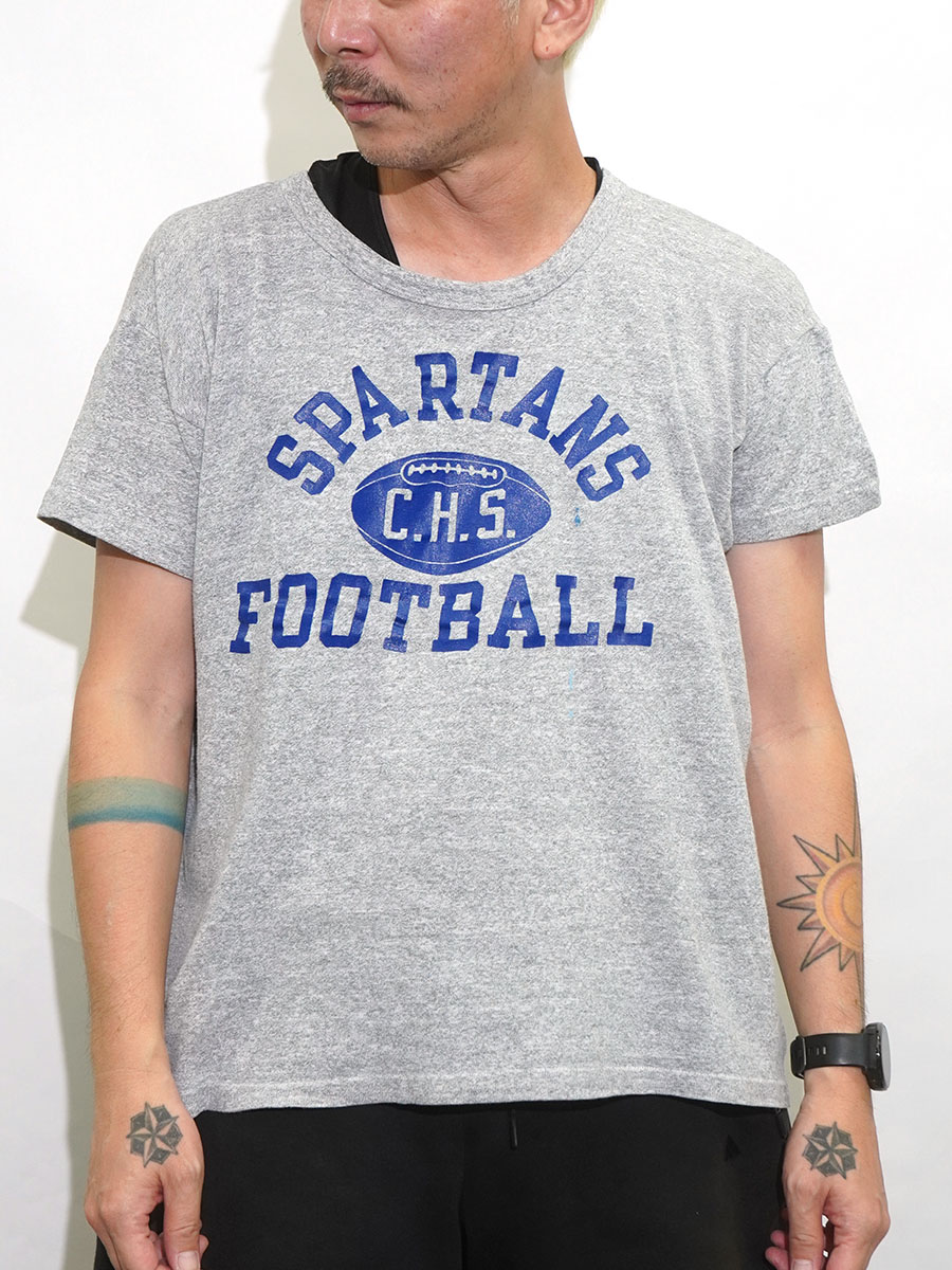 60's プロダクツタグ チャンピオン ''SPARTAN FOOTBALL C.H.S.'' 3段プリント Tシャツ 霜降りグレー 表記(L)