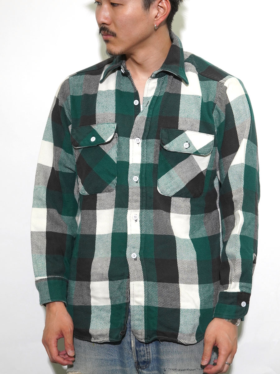 70's BIG YANK 緑黒白 ブロックチェック フランネルシャツ 表記(M
