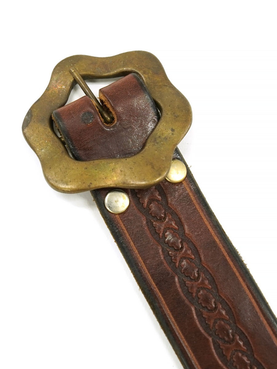 OLD GENUINE LEATHER CARVING BELT WITH HEXAGON BUCKLE BROWN (SIZE