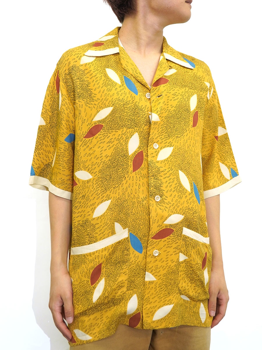 50's Surfwear 総柄 S/S レーヨンシャツ マスタード 表記(M) MADE IN