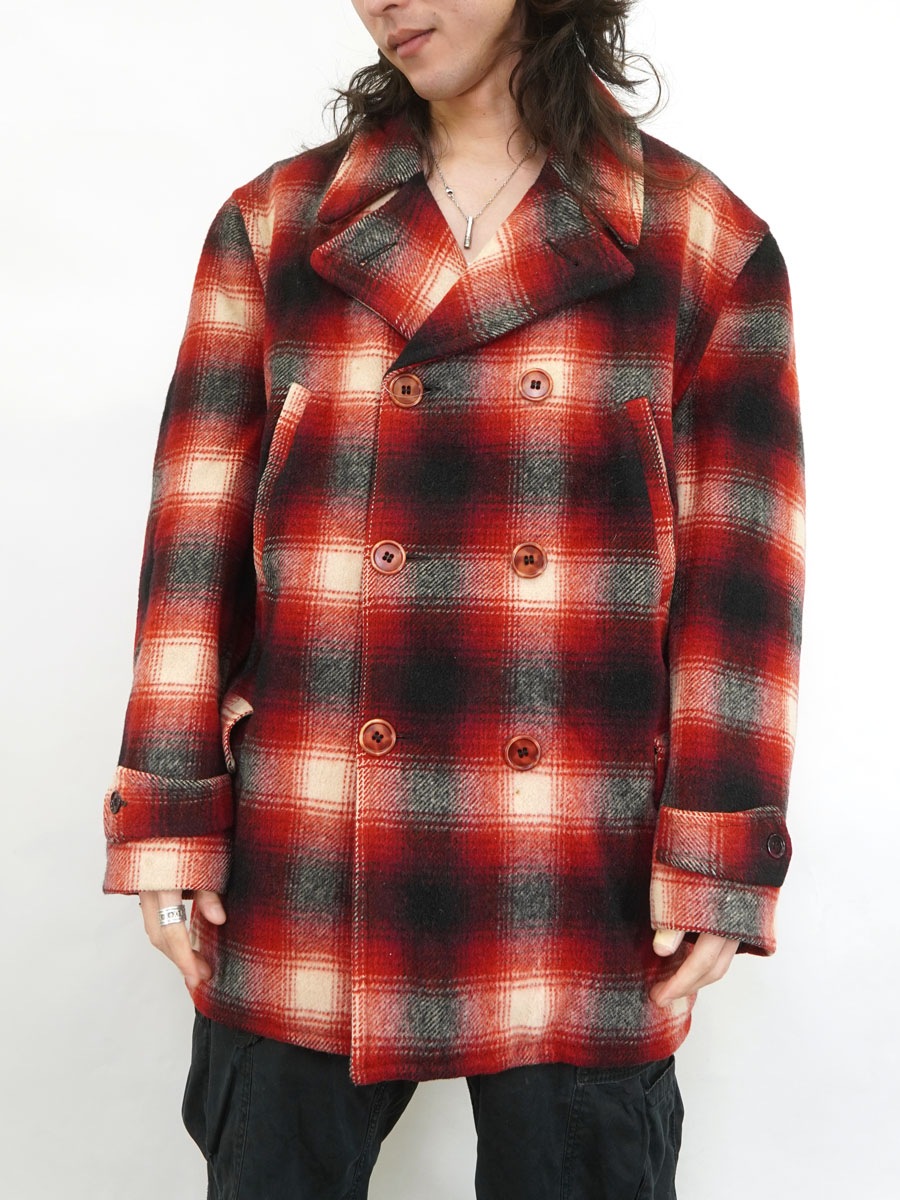 50s King O Wear オンブレ ウールジャケット 大戦 赤黒　プレイド 50's KING-O-WEAR オンブレーチェック ウールPコート 実寸(40位) | NEW