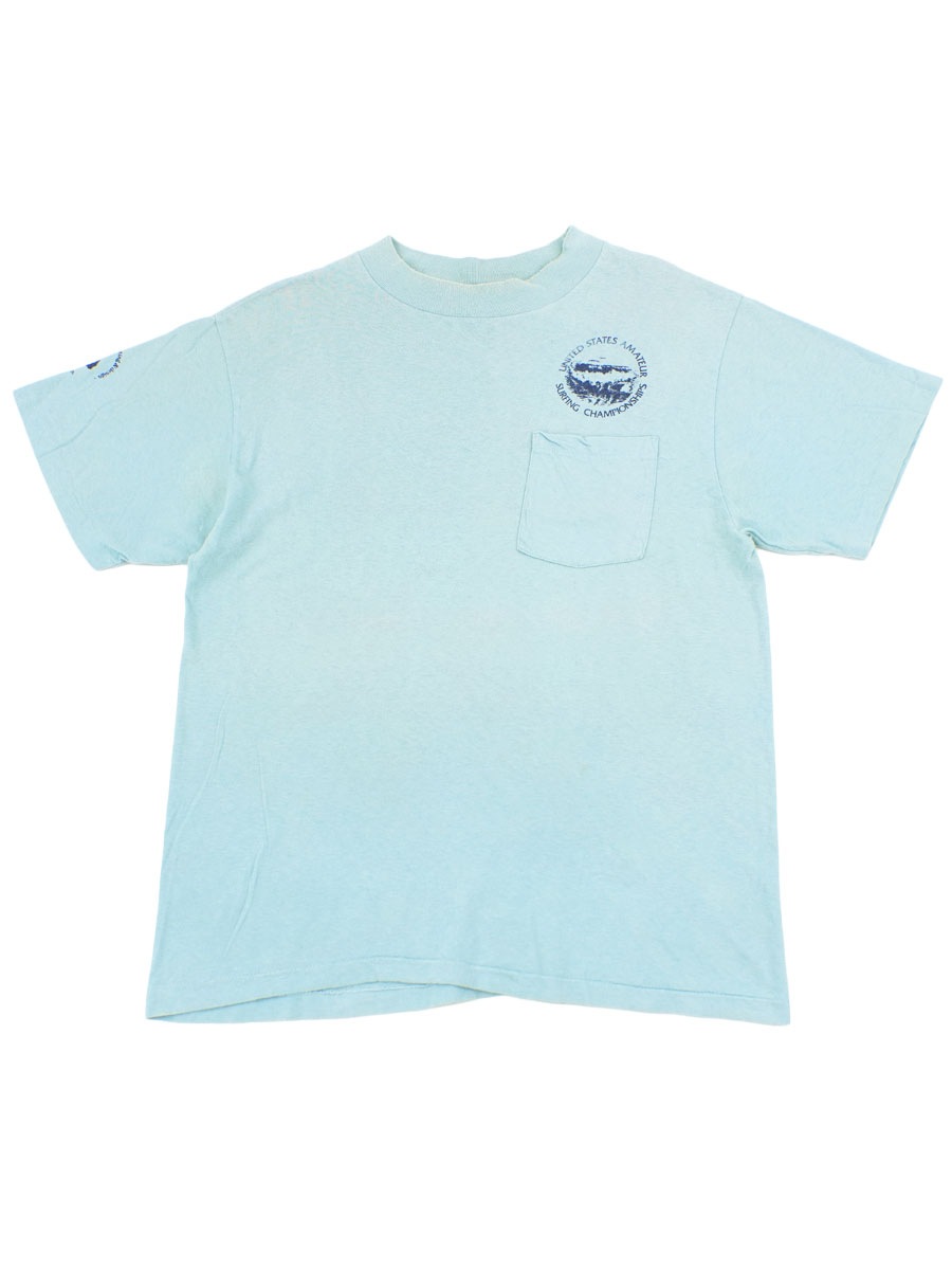 80's Anvil ''UNITED STATES AMATEUR SURFING CHAMPIONSHIPS '81'' 両面プリント ポケットTシャツ ライトブルー 表記(L)