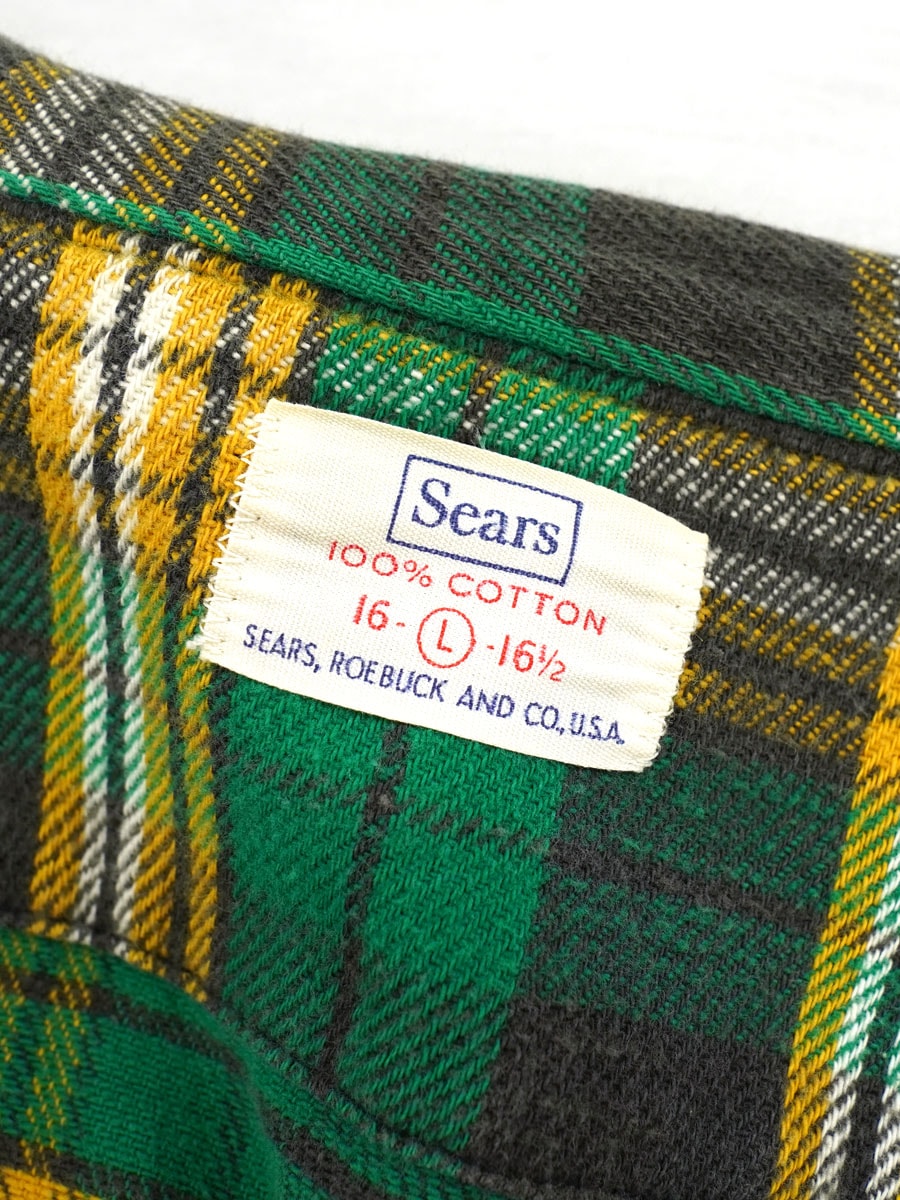 60's SEARS 緑黒黄白チェック マチ付き フランネルシャツ 表記(L