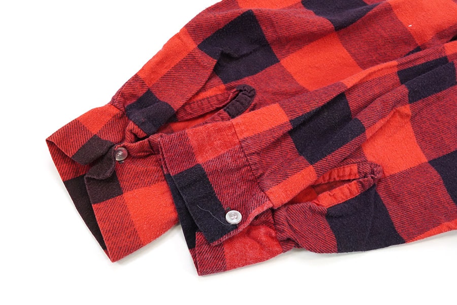 70's Donlin 100%コットン 赤黒ブロックチェック プリントフランネルシャツ 表記(XL)