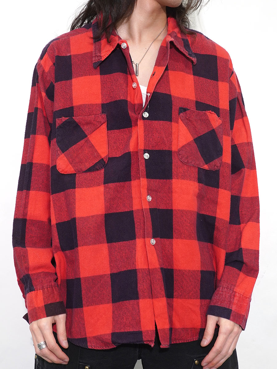 70's Donlin 100%コットン 赤黒ブロックチェック プリントフランネルシャツ 表記(XL)