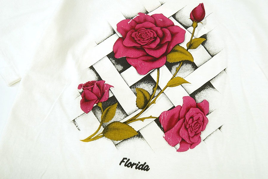 90'S  L.L.BEAN ''FLORIDA'' ROSE T SHIRT WHITE (SIZE.LARGE) MADE IN USA