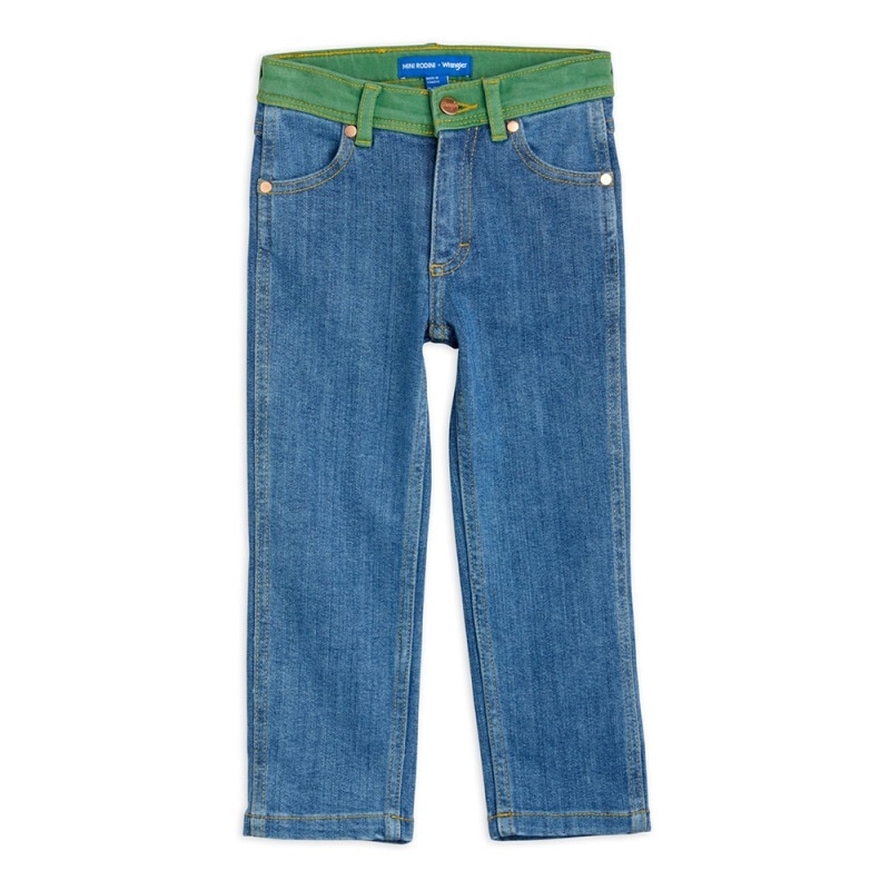 デニムジーンズ キッズ ズボン ミニロディーニ ラングラー TWO-TONE DENIM STRAIGHT JEANS IN BLUE 92-104cm mini rodini x wrangler