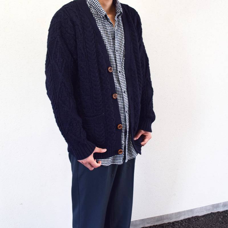 カーディガン アランニット リブ ニット トップス  長袖  オールドダービーニットウェア Oldderby Knitwear Cable Vee Cardigan