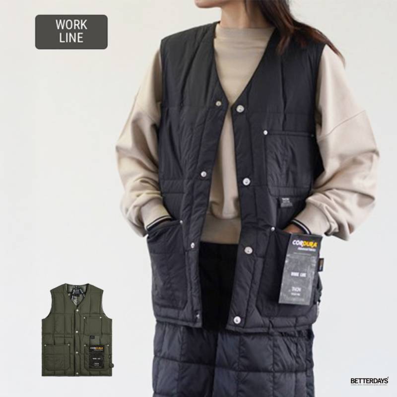 ダウンベスト ユニセックス インナーベスト DOWN VEST ワーク Vネックボタン タイオン 体温 TAION-001BWK