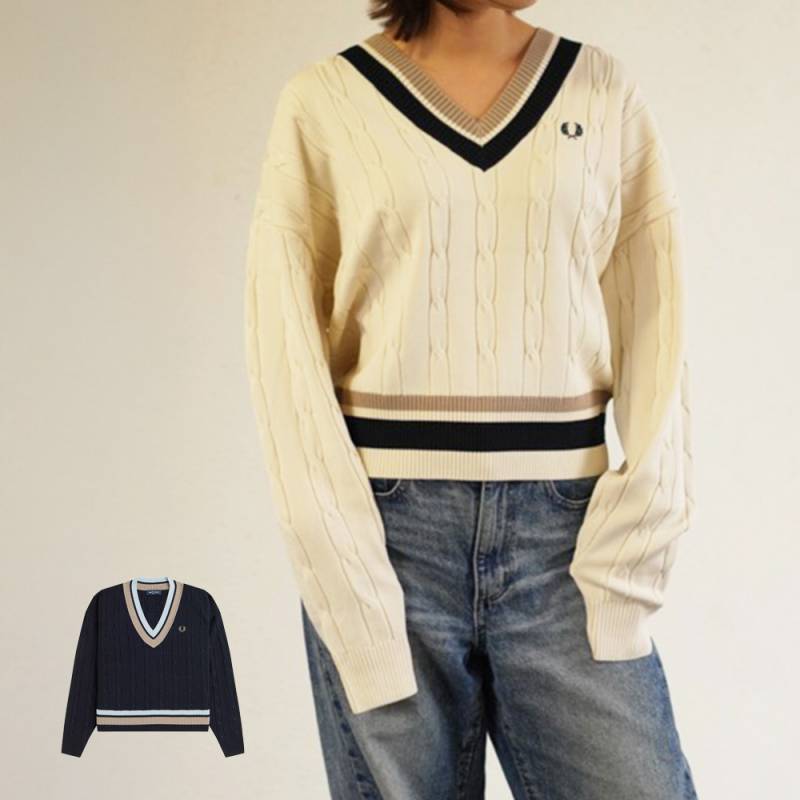 チルデンニット  レディース セーター Vネック フレッドペリー Bold Tipped Cable Knit Jumper【国内正規品】 FRED PERRY  K1102