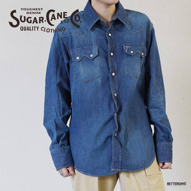 シャツ 長袖 メンズ シュガーケーン デニム ウエスタンシャツ SUGAR CANE Lot No. SC29684 / BLUE DENIM WESTERN SHIRT AGED MODEL