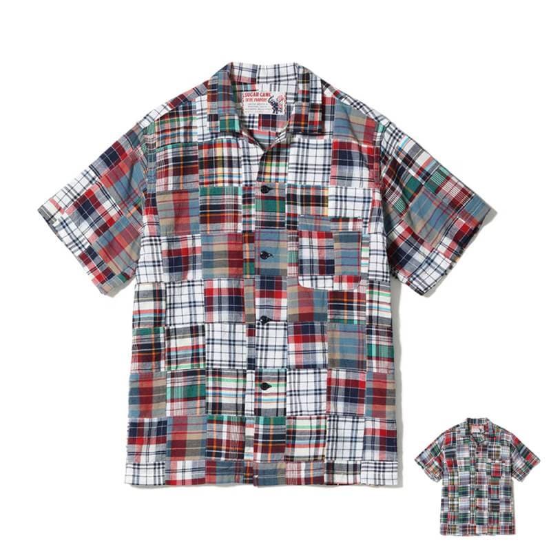 マドラスチェックオープンシャツ メンズ ユニセックス シュガーケーン オープンカラー 半袖 開襟シャツ SUGAR CANE SC39739 MADRAS CHECK PATCHWORK OPEN SHIRT