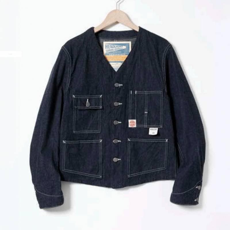 【26AW 予約】デニムノーカラージャケット メンズ  ヘッドライト ワークコート 11oz BLUE DENIM WORK VEST HEADLIGHT HD16064