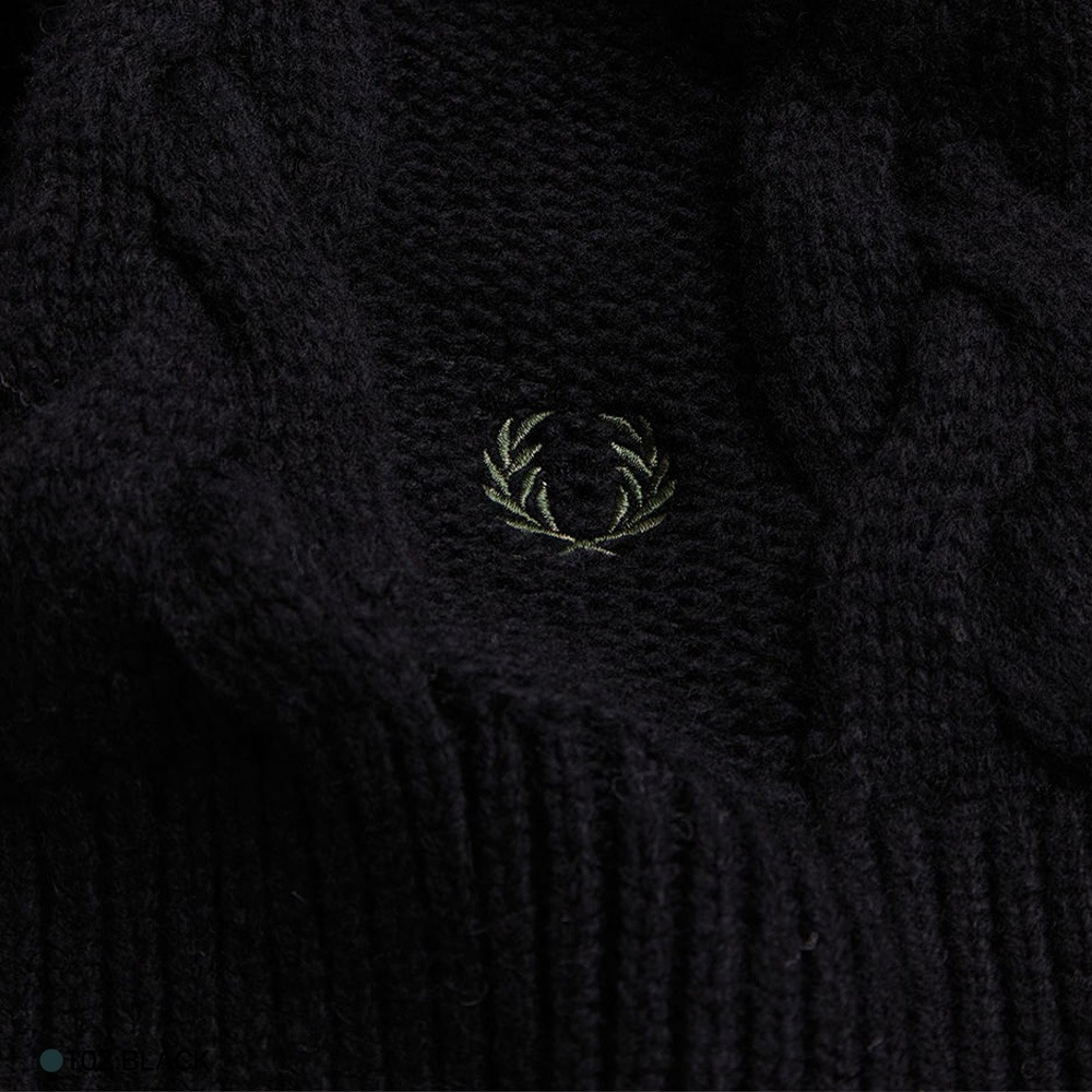Fred Perry ブラック マフラー ケーブル編み マフラー フレッドペリー ラムウール ケーブル編み C8145 Lambswool