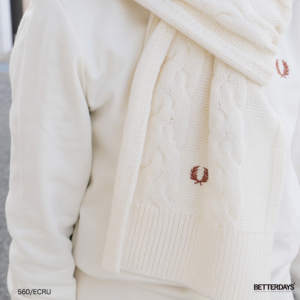 フレッドペリー ホワイトニットマフラー マフラー フレッドペリー ラムウール ケーブル編み C8145 Lambswool