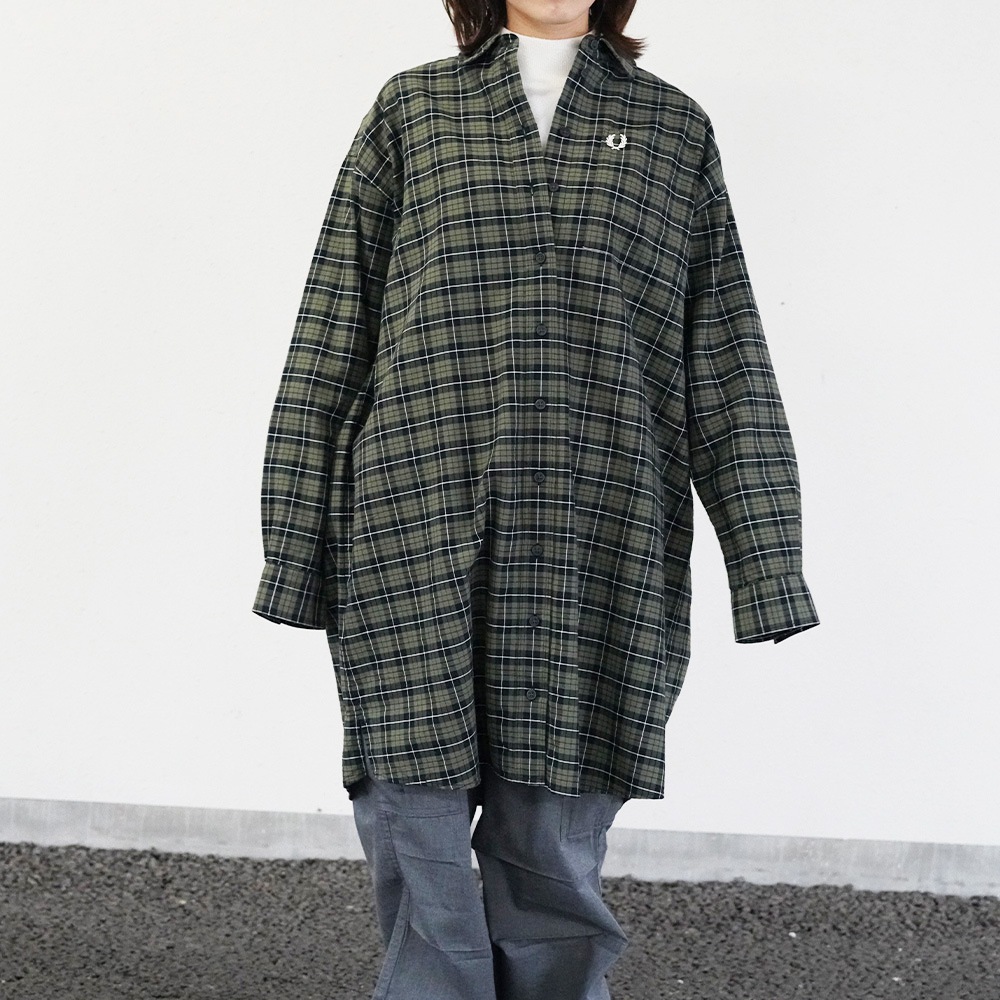 Fred Perry　チェック柄　長袖　シャツワンピース　ロング　Mサイズ フレッドペリー チェック シャツ ワンピース 長袖 CHECK OXFORD SHIRT