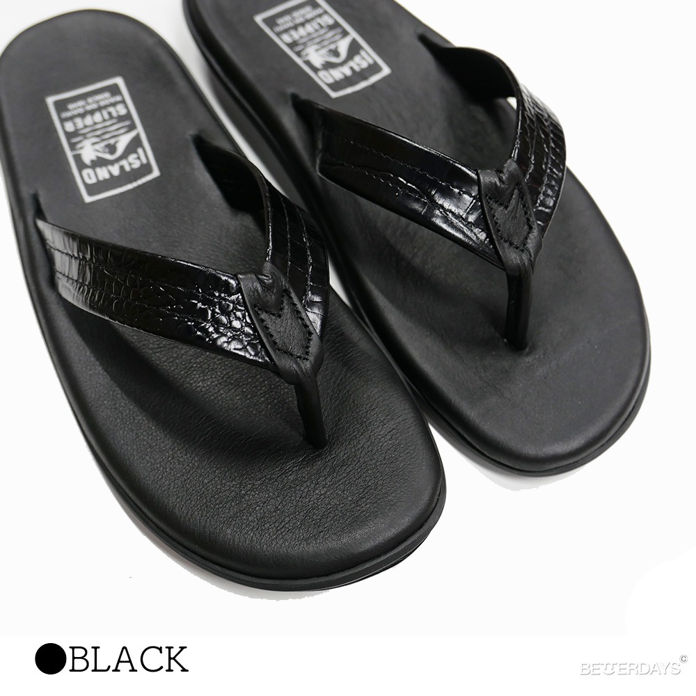 トングサンダル ビーチサンダル メンズ アイランドスリッパ LEATHER クロコ型押し STRAP BARCERONA BLACK 25-29cm 【国内正規品】 ISLAND SLIPPER