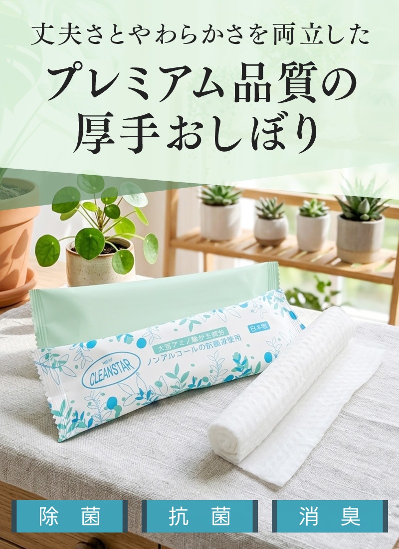 お試し５本セット【日本製】厚手 大判 使い捨ておしぼり 抗菌・除菌・消臭 丸型 個包装 高品質 プレミアム 不織布・紙おしぼり 温冷対応 業務用 エンボス加工 アルコールフリー ニュークリーンスター【メール便送料無料】