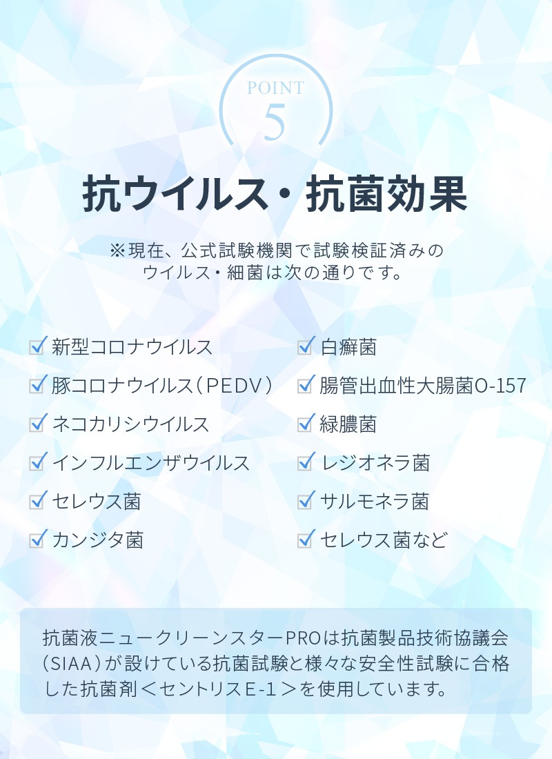 除菌 抗菌 抗ウィルス 消臭 防カビ 抗菌液 ニュークリーンスターPRO 300mlスプレー 日本製｜無香料 ノンアルコール  次亜塩素酸フリー SIAA取得 季節性ウイルス対策に 新型コロナウイルス不活化を確認 送料無料