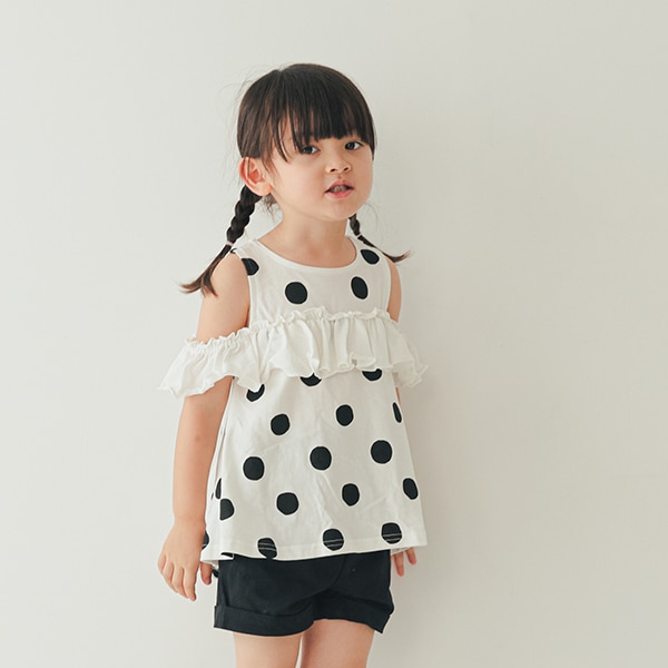 【25SS】オフショルダードットフリルTシャツ / オフホワイト
