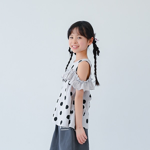 【25SS】オフショルダードットフリルTシャツ / グレー