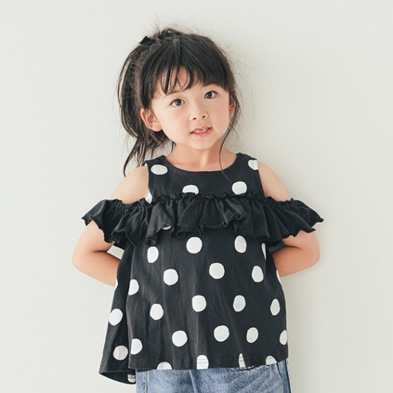 【25SS】オフショルダードットフリルTシャツ / ブラック