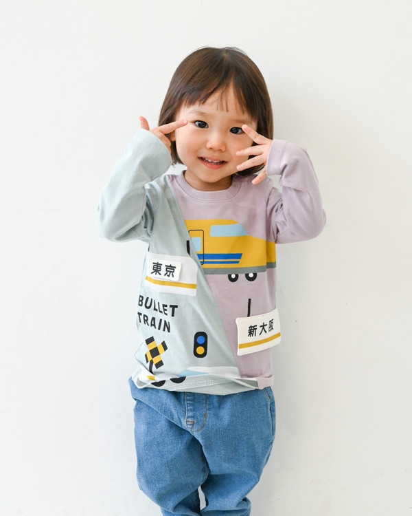 【チークルーム】駅と新幹線ロングＴシャツ / サックス