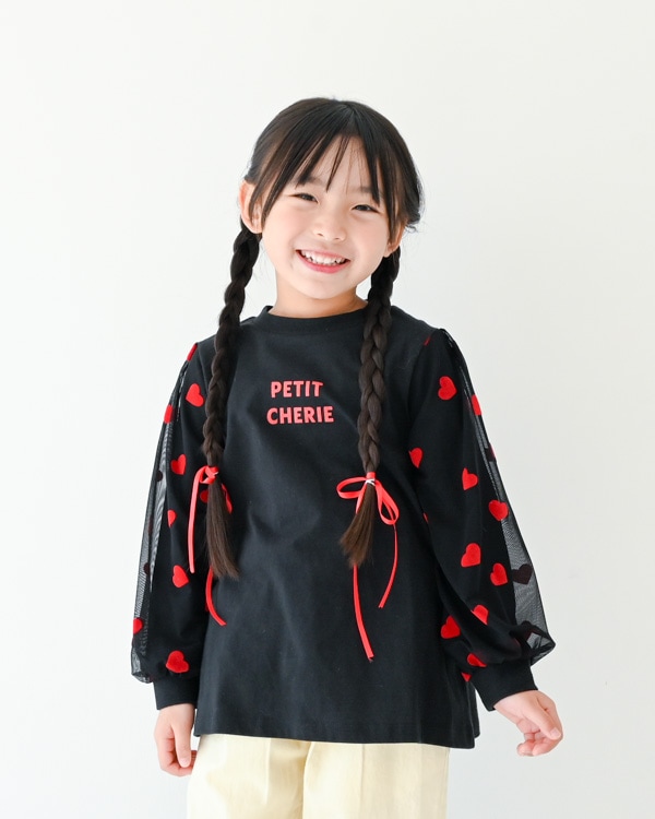 【ニコフラート】袖ハートチュールロングＴシャツ / ブラック