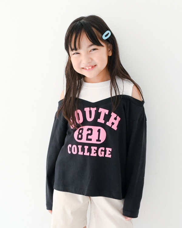 【セカンド】肩あきレイヤード風ロングＴシャツ / ブラック