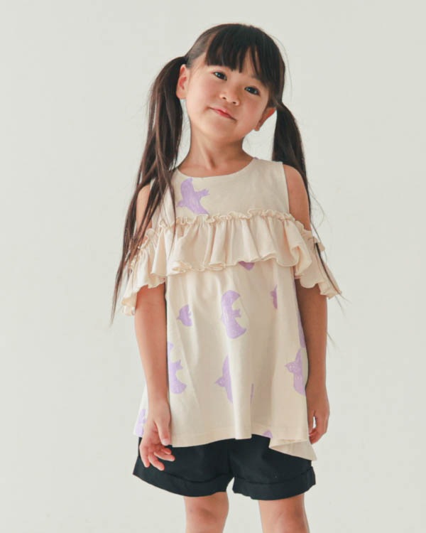【ニコフラート】オフショルダーバードフリル Tシャツ / オフホワイト