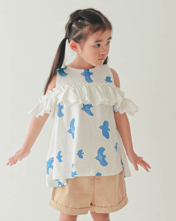 【ニコフラート】オフショルダーバードフリル Tシャツ / オフホワイト