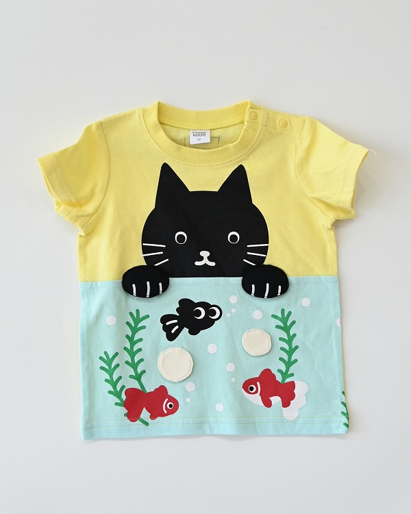 【チークルーム】ねこと水槽 Tシャツ / イエロー  