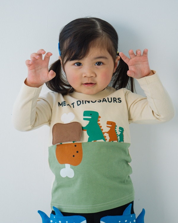 【チークルーム】恐竜お肉 ロングTシャツ / オリーブ