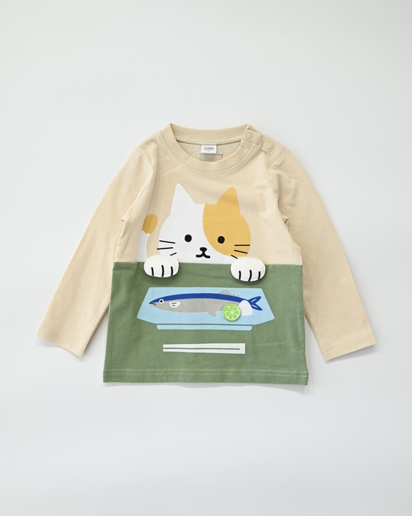 【チークルーム】ねこと秋刀魚 ロングTシャツ / アイボリー