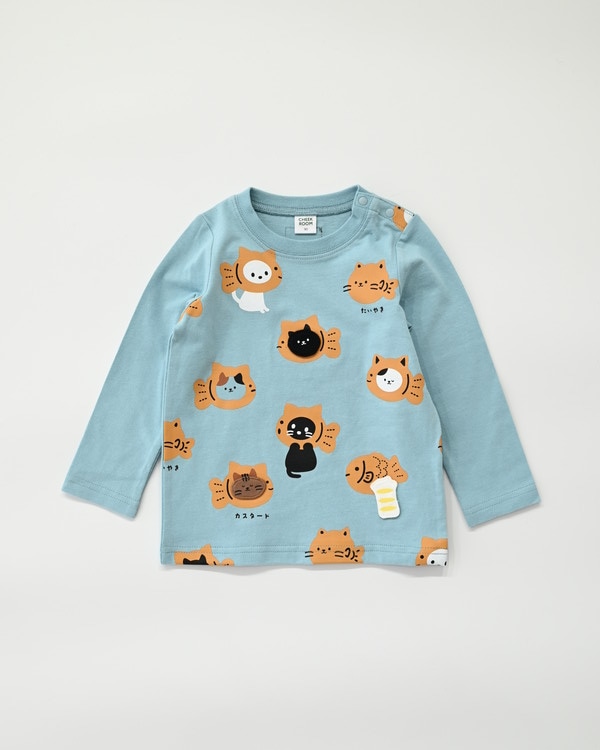 【チークルーム】ねこたい焼き ロングTシャツ / ブルー 