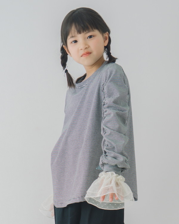 【エヌエイチテー】ギャザーボーダー ロングTシャツ / オフホワイト 