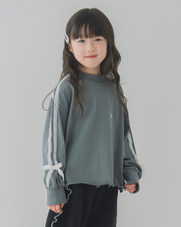 【エヌエイチテー】リボンライン ロングTシャツ / チャコールグレー 