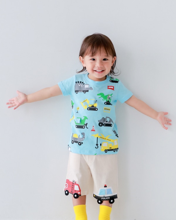 【チークルーム】恐竜の工事 Tシャツ / サックス