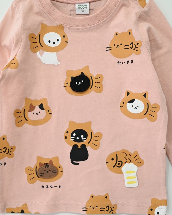 【チークルーム】ねこたい焼き ロングTシャツ / ピンク