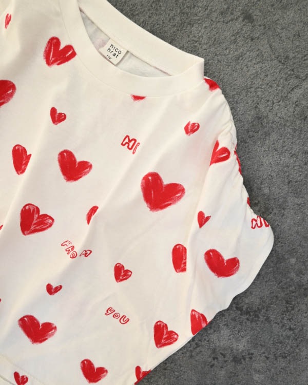 【ニコフラート】ハートギャザー Tシャツ / オフホワイト