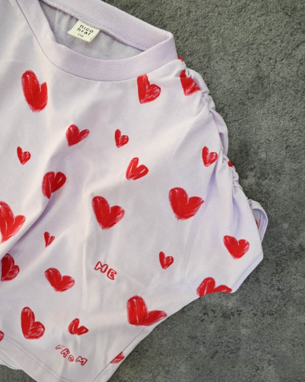 【ニコフラート】ハートギャザー Tシャツ / パープル