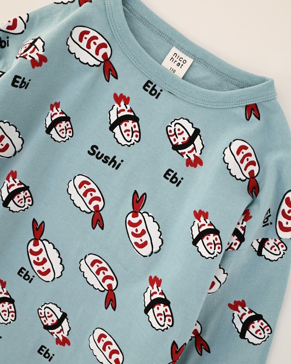【ニコフラート】えび寿司 ロングTシャツ / ブルー 