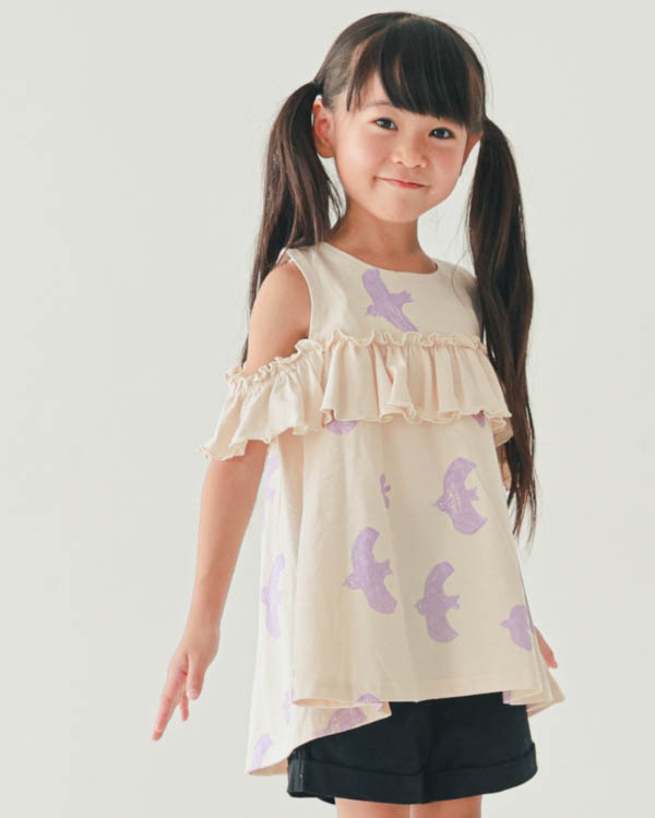 【ニコフラート】オフショルダーバードフリル Tシャツ / アイボリー