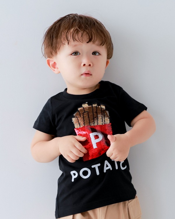 【チークルーム】ポテトスパンコール Tシャツ / ブラック